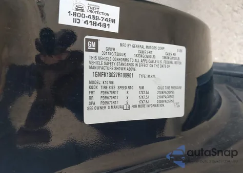 2007 Chevrolet Tahoe Lt из США, поврежденный, VIN 1GNFK13027R108901